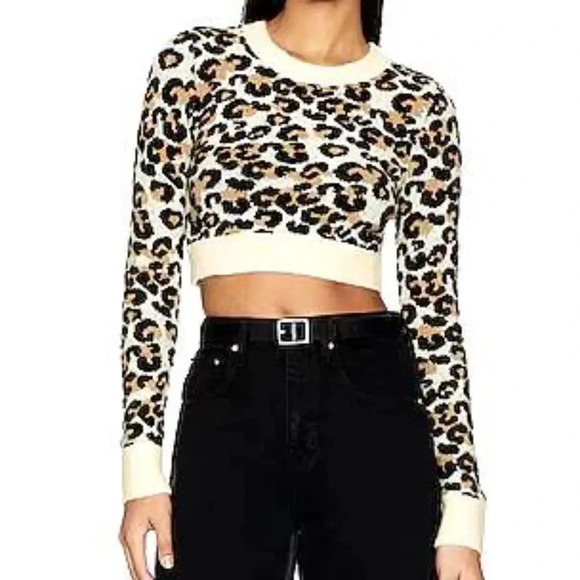 Lovers + Friends Hali Leopard Crop Sweater in Brown/Black Multi- Sz M - Picture 1 of 8